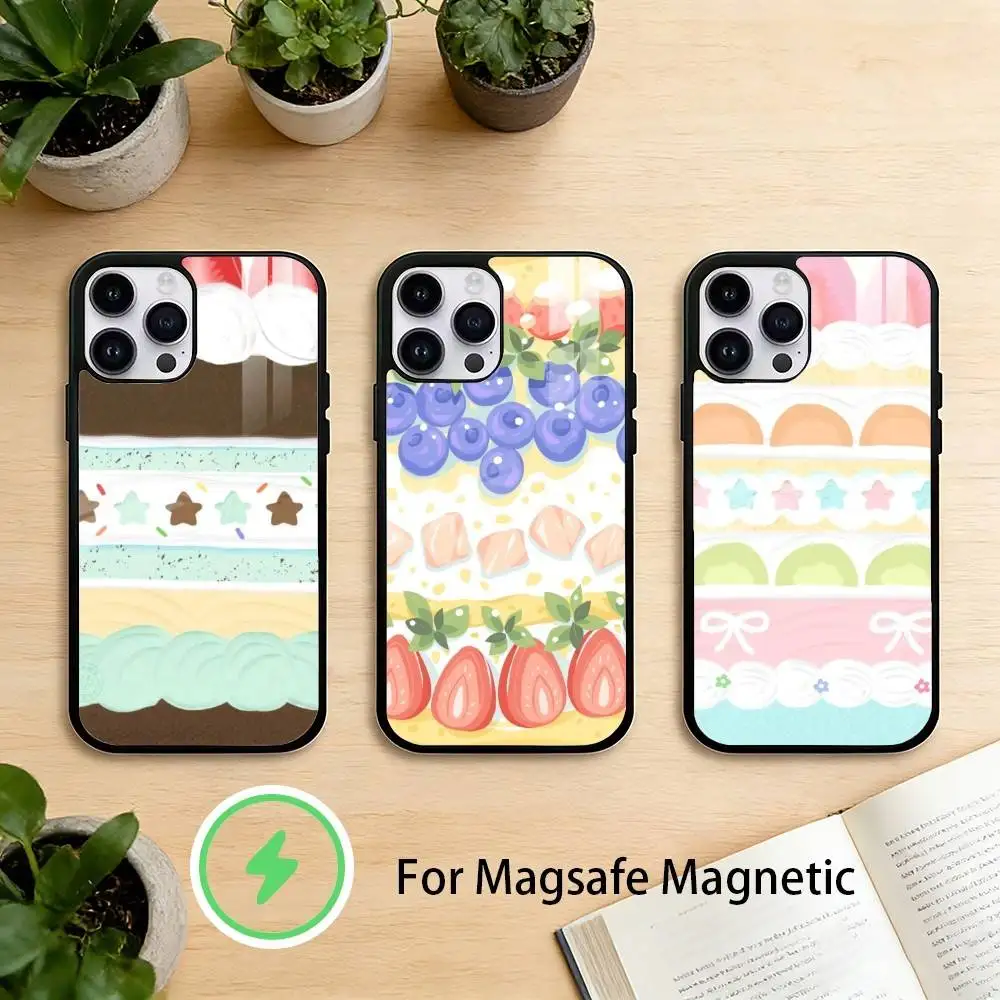 

Cream S-Strawberry Cake Lace Bowknot Phone Case For iPhone 17 16 15 14 13 12 Pro Max Plus for Mirror Wireless Magnetic Cover