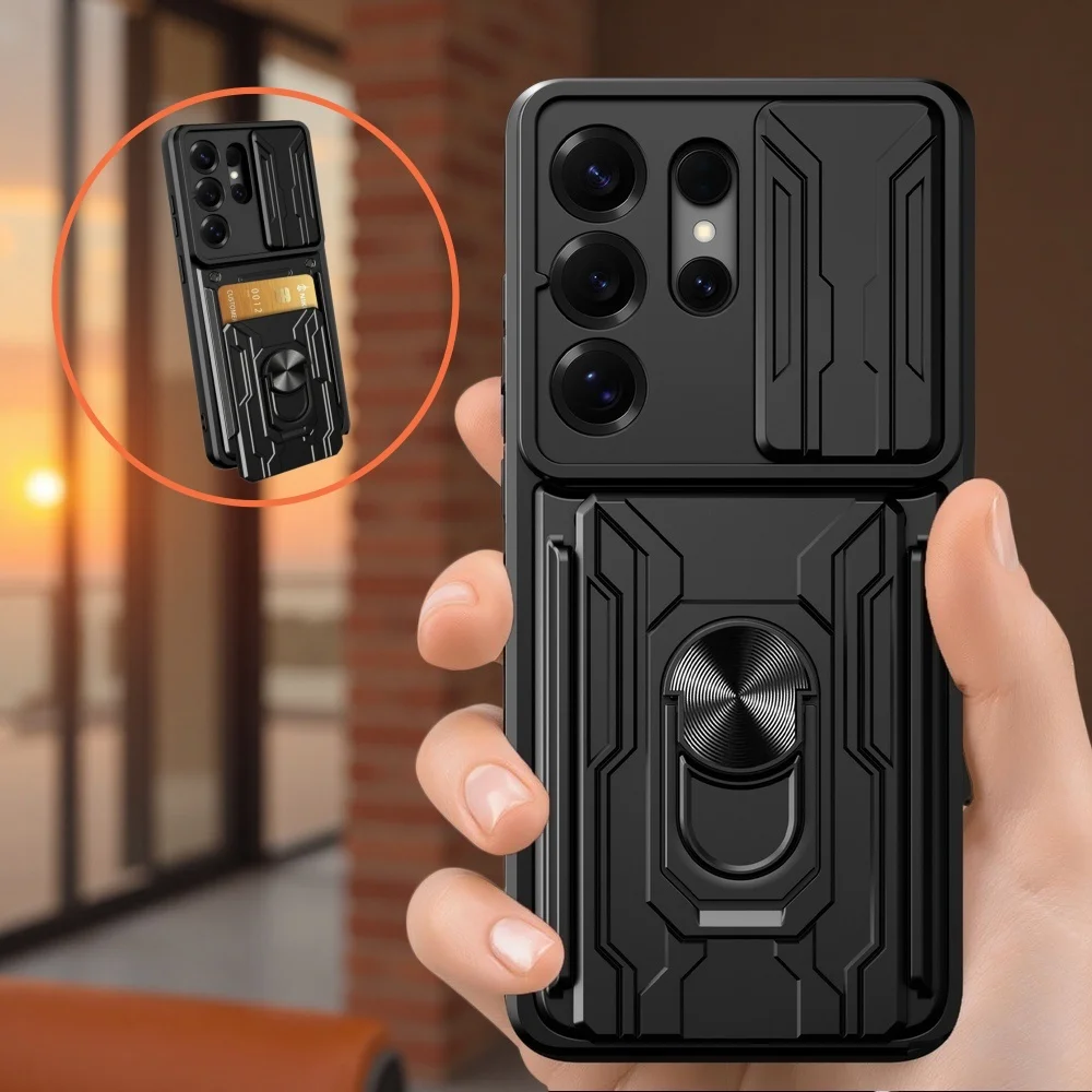 Card Slot Camera Protect Case For Samsung S26 Ultra / S26 Plus / S26 Capa Metal Ring Holder Cover Funda Coque