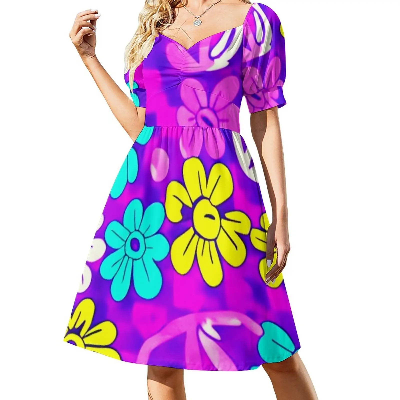 

60s Style Neon Flowers ,Yallew And Blue Funny Cool Flower Sleeveless Dress evening dress women Party dresses