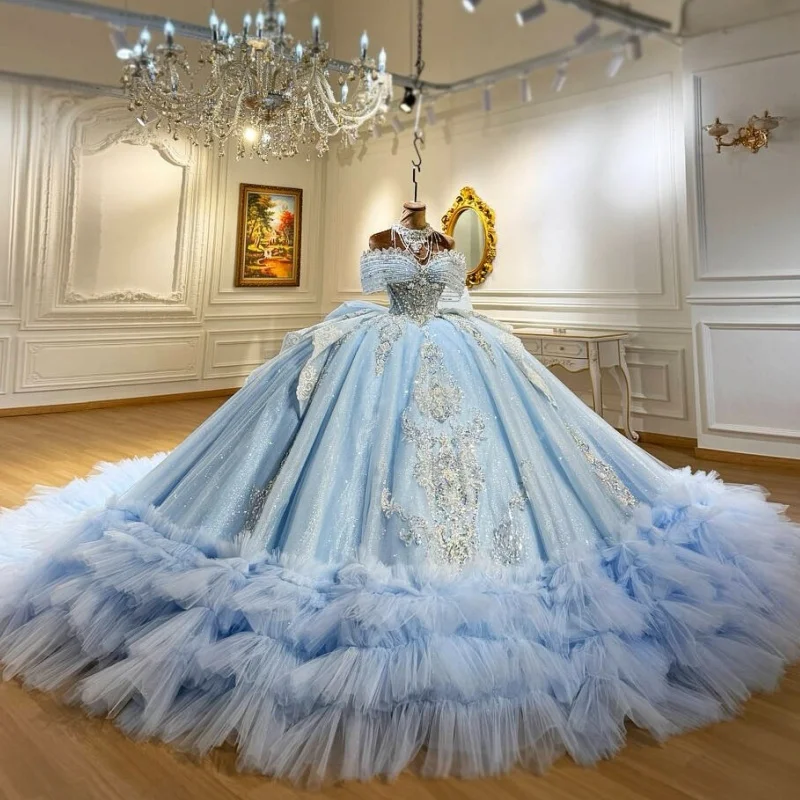 Light Blue Quinceanera Dress off-shoulder Sequins Crystal Decal Lace layering Long tail Bow vestidos de 15 Quinceanera ﻿Customiz