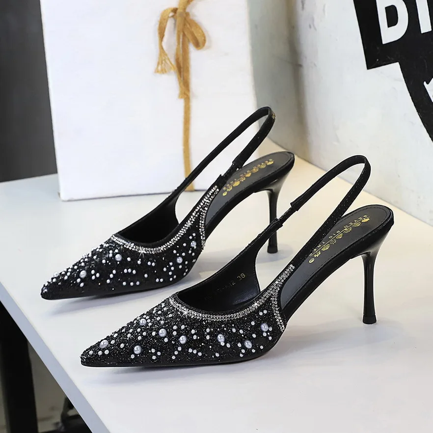 

Ladies Sandals European American Sexy High Heels Women's Shoes Fashion Shallow Mouth Sequined Pearl Rear Strap Lady Single Shoes