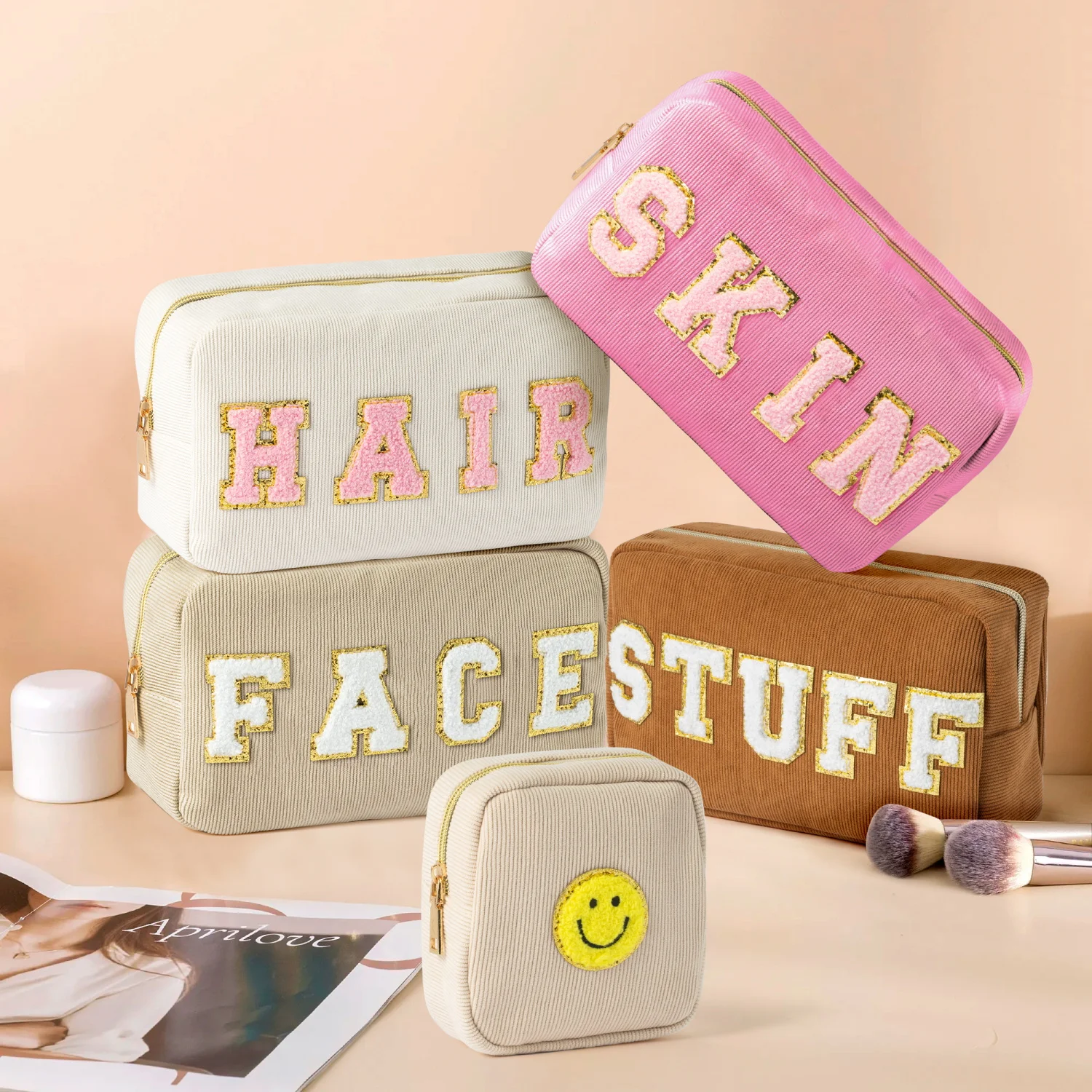 3/5Pcs Smile Patch Makeup Bags Set,Preppy Letter Mixed Cosmetic Storage Bags Decor for Birthday,Travel,Back To School,Gathering