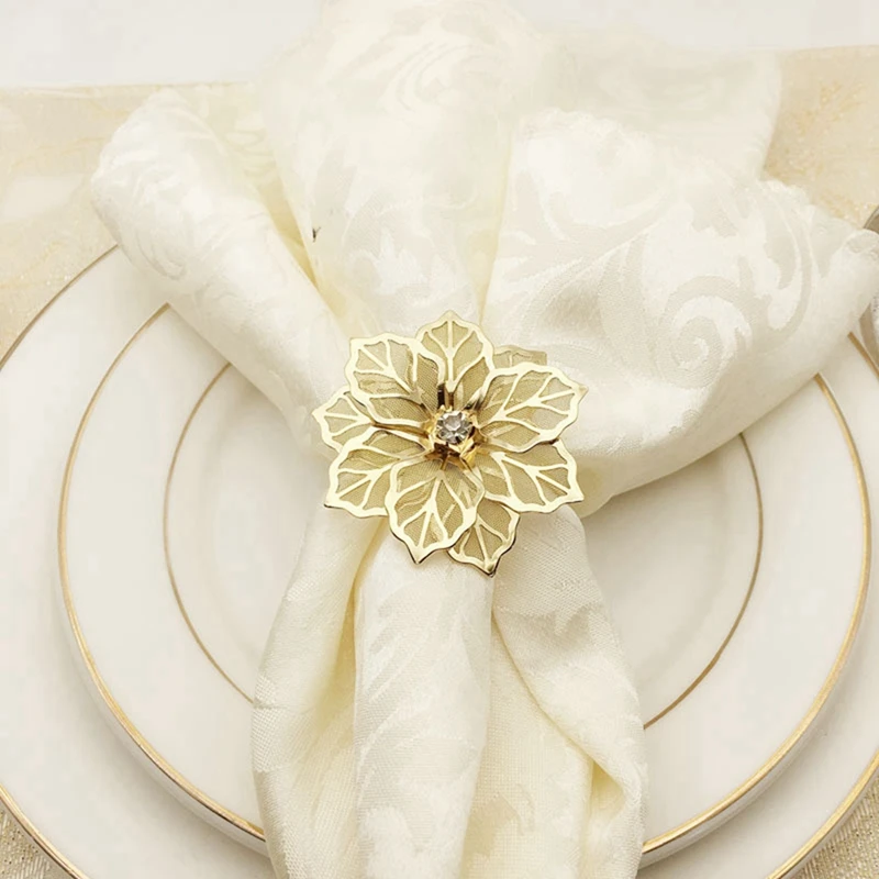 10Pcs Flower Design Napkin Rings Metal Gold Napkin Buckle Napkin Ring Holder & 6Pcs Christmas Wreath Napkin Rings