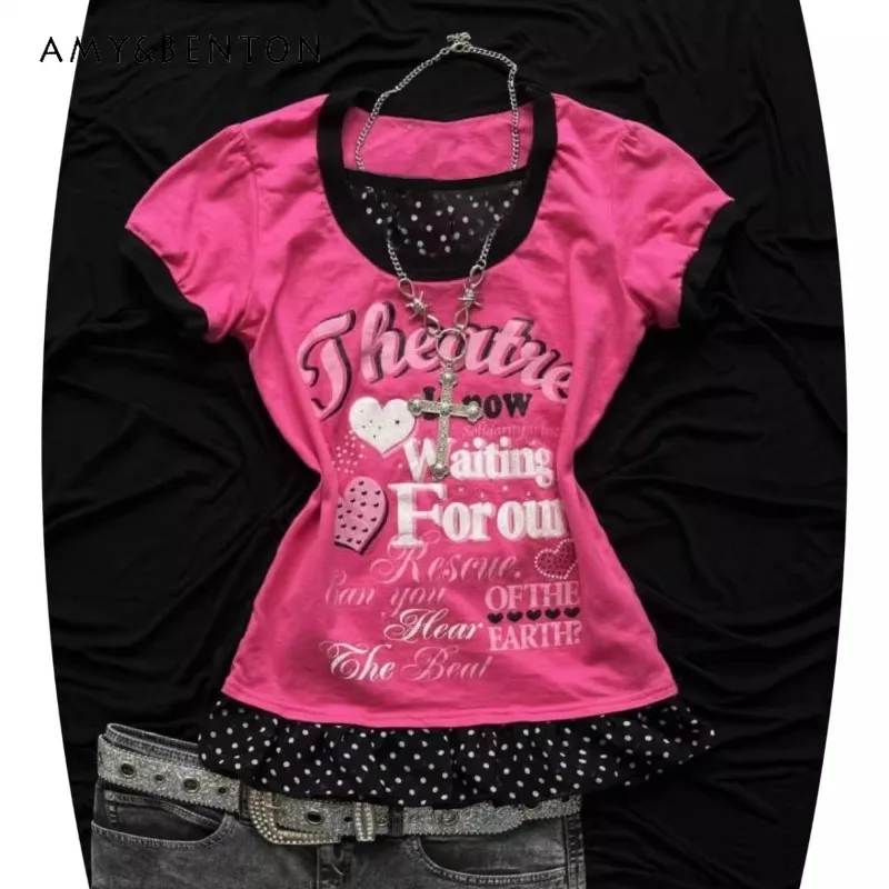 

American Retro Hot Short-sleeved Letter Print Slim Fit Millennial Medieval Shibuya Harajuku Y2k Polka Dot T-shirt Top For Women