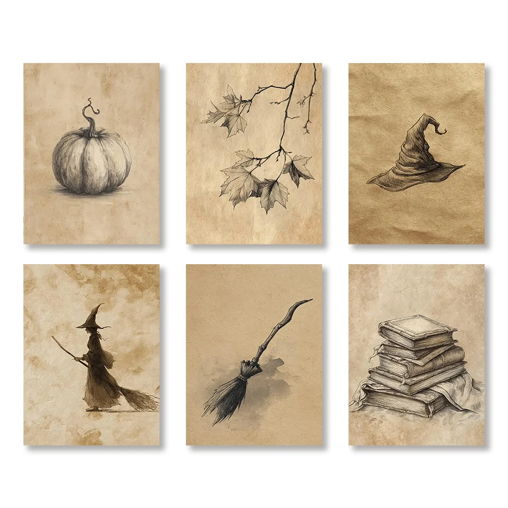 1pc Frameless Autumn Leaves Jack-o-lanterns Canvas Prints Scary Witch Halloween Wall Art Posters for Modern Living Room Autumn H
