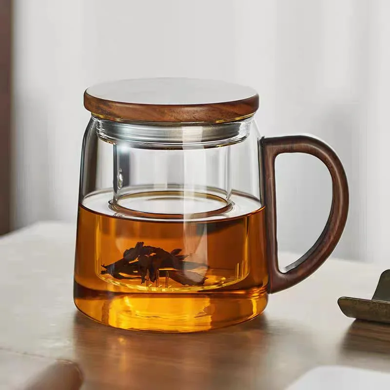 500ml Heat Resistant Wooden Handle Glass Tea Cup With Infuser Steeper Loose Leaf Tea Flower Tea Separation Tea Mug