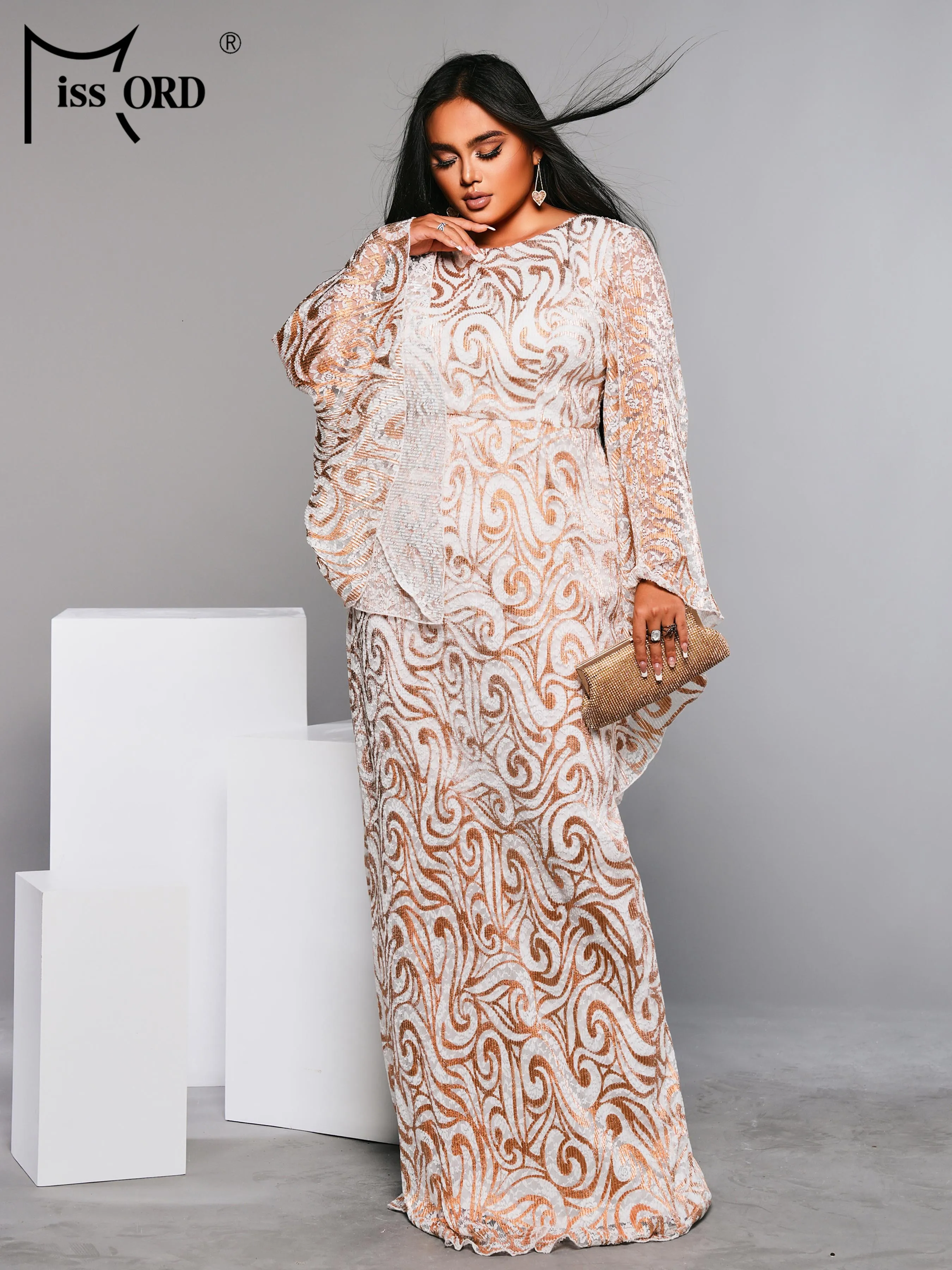 Missord 2024 Plus Size Rosegold Round Neck Flare Sleeve Geometric Sequin Evening Wedding Birthday Party Performance Prom Dress