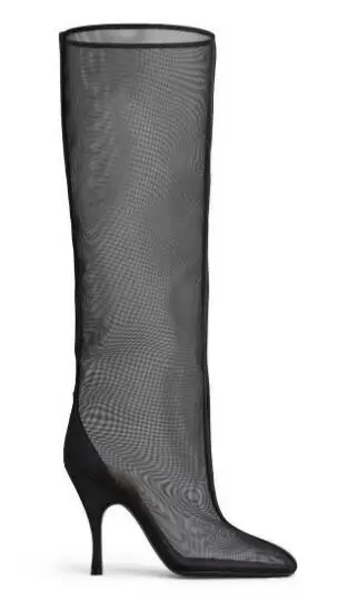Women Black See‑Through Mesh Knee High Boots Pointed Toe Stiletto High Heel Mesh Transparent Long Boots Party Fashion Footwear