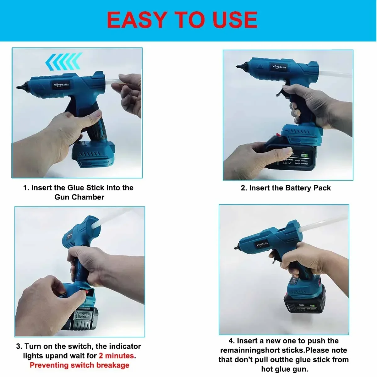 WOYOFADA pistola eléctrica de pegamento de fusión en caliente para batería Makita de 18V, agarre de pegamento eléctrico inalámbrico, barra de