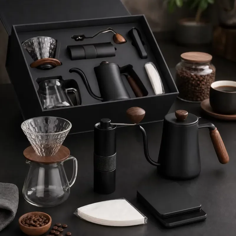 550ml Gooseneck Kettle Manual Coffee Grinder Set Drip Filter Scale Hand Brew Kit Pour Over Maker Gift Box for Home Barista