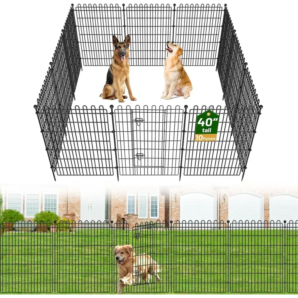 

10-панельный декоративный садовый забор без копки с воротами для двора, 40 дюймов (В) x 23,6 фута (Д), ограждение для животных или для собак на улице, металлический портативный забор