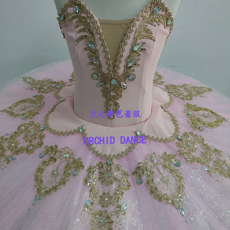 Women nude pink V-neck spaghetti strap corset professional tutu ballet costume gilded feather rhinestone embroidery light pink g view 3