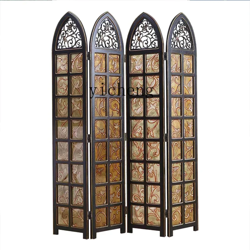 YY Entrance American Retro Blocking Folding Mobile Stained Glass Screen