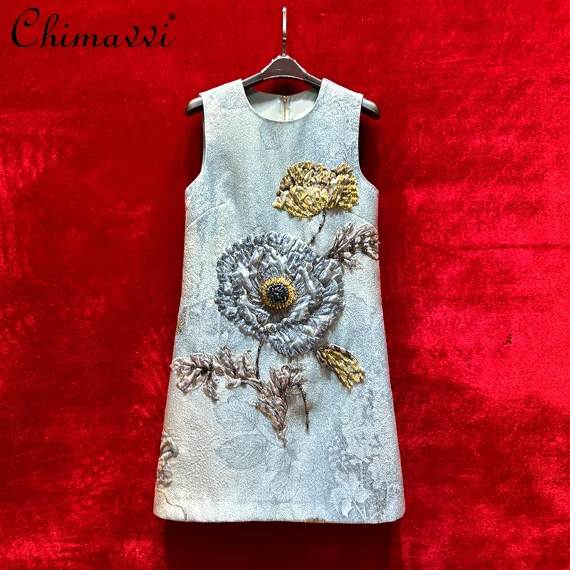 High-end Relief Jacquard Heavy Beads New Chinese Style Womens Sleeveless Dress Autumn New Fashion Round Neck Elegant Retro Dress