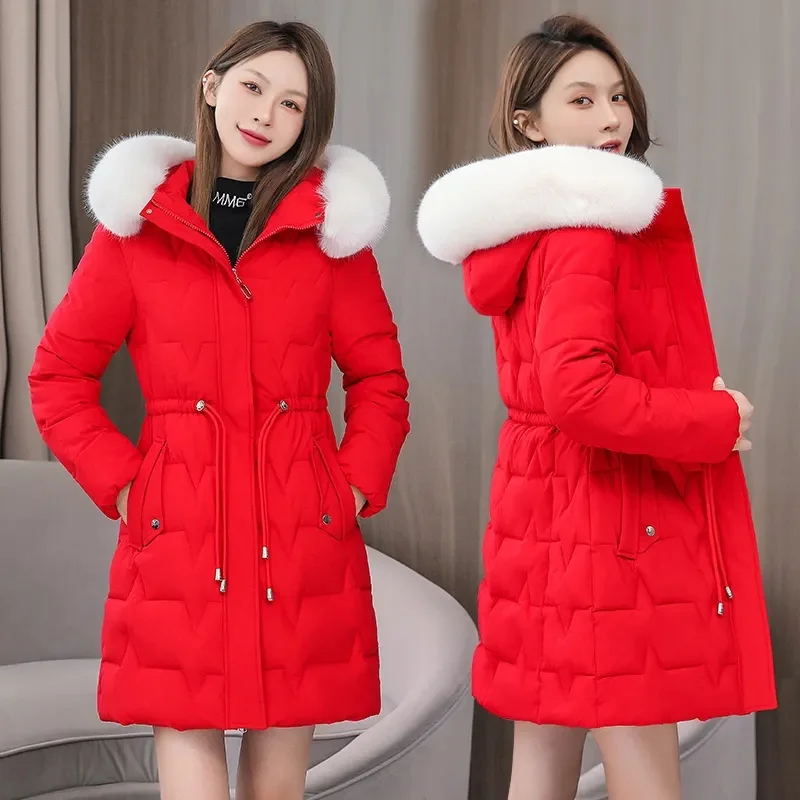 Winter 2024New Down Cotton-Padded Jacket Women Long Fashion Overwear Korean Big Fur Collar High-End Warm Cotton Padded Coat Lady