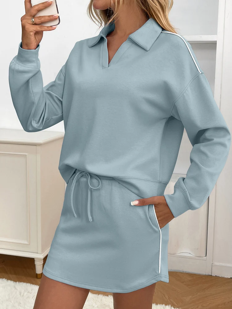 New Autumn Winter Sporty Lapel Long Sleeve Sweatshirt Women Short Skirt Two-piece Sets, Casual Lady Basic Tracksuit, Women Suit