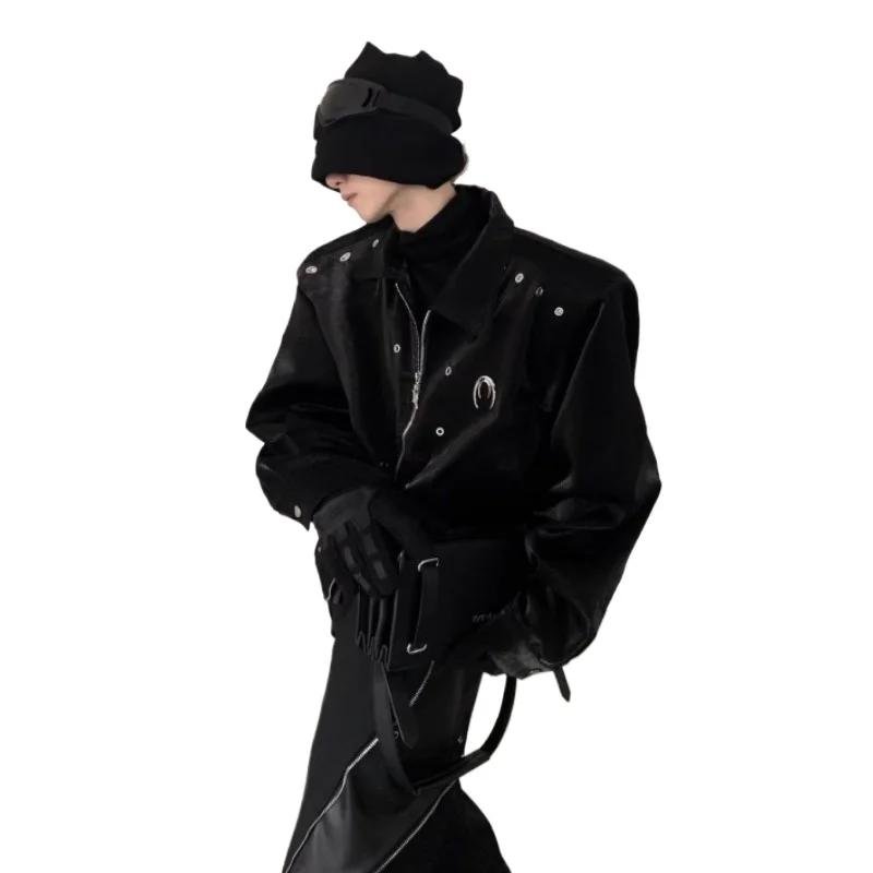 Men's Premium Sense Loose Lapel Versatile Short Jacket Tide Spring Autumn Hong Kong Style Retro Niche Design Sense Metal Jacket