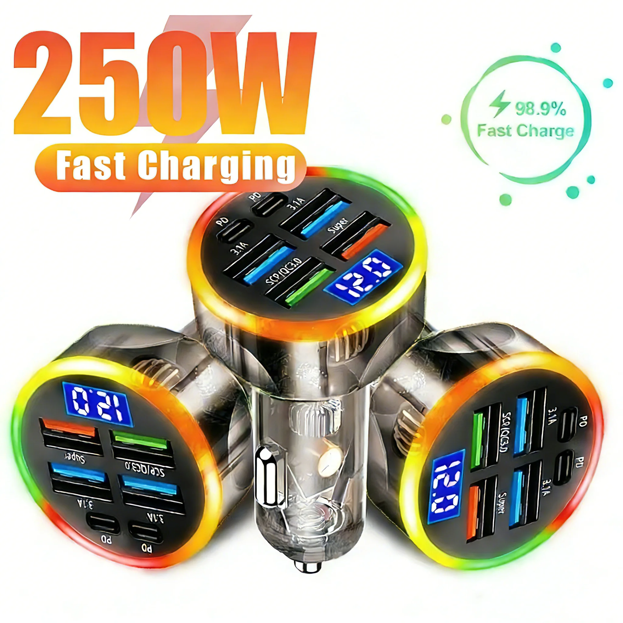 Total 250W Car Charger PD Car Charger QC 3.0 Quick Charge Cigarette Lighter Adapter 6 Ports USB-C Fast Charging Phones Charger