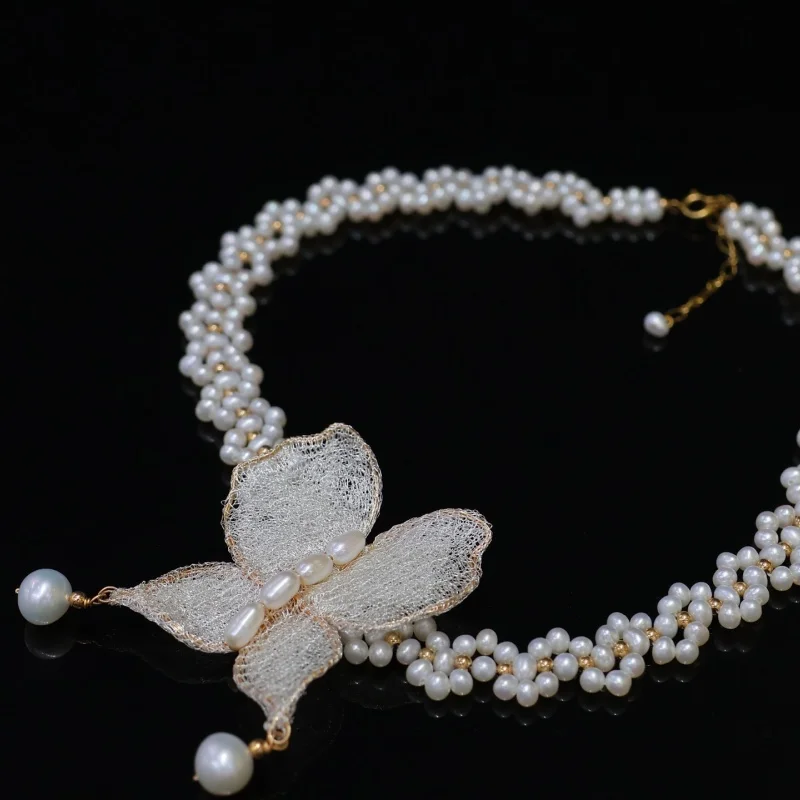 

SGARIT Trending Pearl Jewelry Handmade Butterfly 14k Filled Gold Natural Freshwater Pearl Chocker Necklace Jewellery for Women