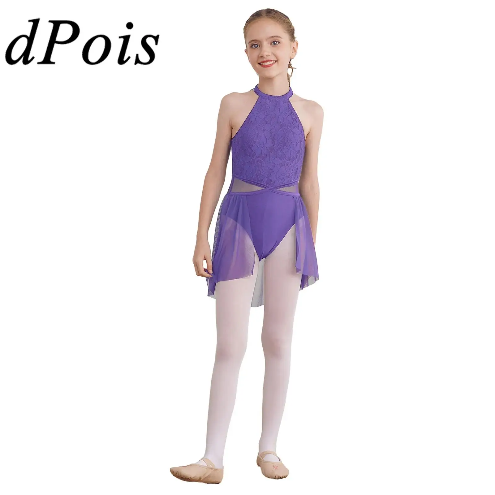 

Teens Dancewear Kids Girls Sleeveless Lace Floral Ballet Dress Gymnastics Leotard Children Irregular Hem Figure Skating Dress