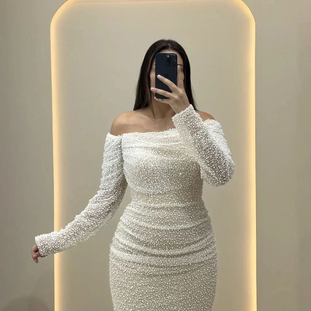 فستان سهرة فاخر مطرز بالكامل باللؤلؤ قبالة الكتف أنيق بطول الأرض حورية البحر للحفلات الراقصة الرسمية وحفلات الزفاف #5