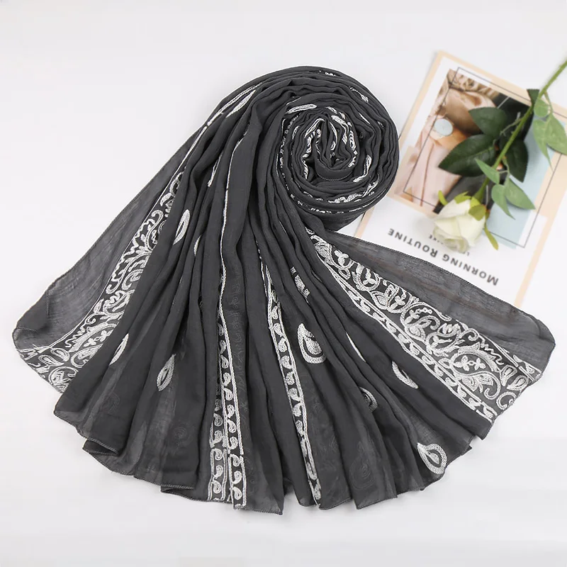 New Design Embroidered Cashew Hijab Cotton Long Scarf For Muslim Woman Solid Color Wraps Casual Ladies Shawl Headband 180*90cm