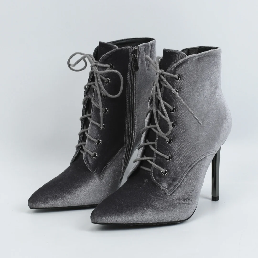 

Niche Autumn/Winter Sexy Stylish Red Velvet Camouflage Ankle Boots With Super High Heels Flannel Cross Strap Zipper Women's Boot