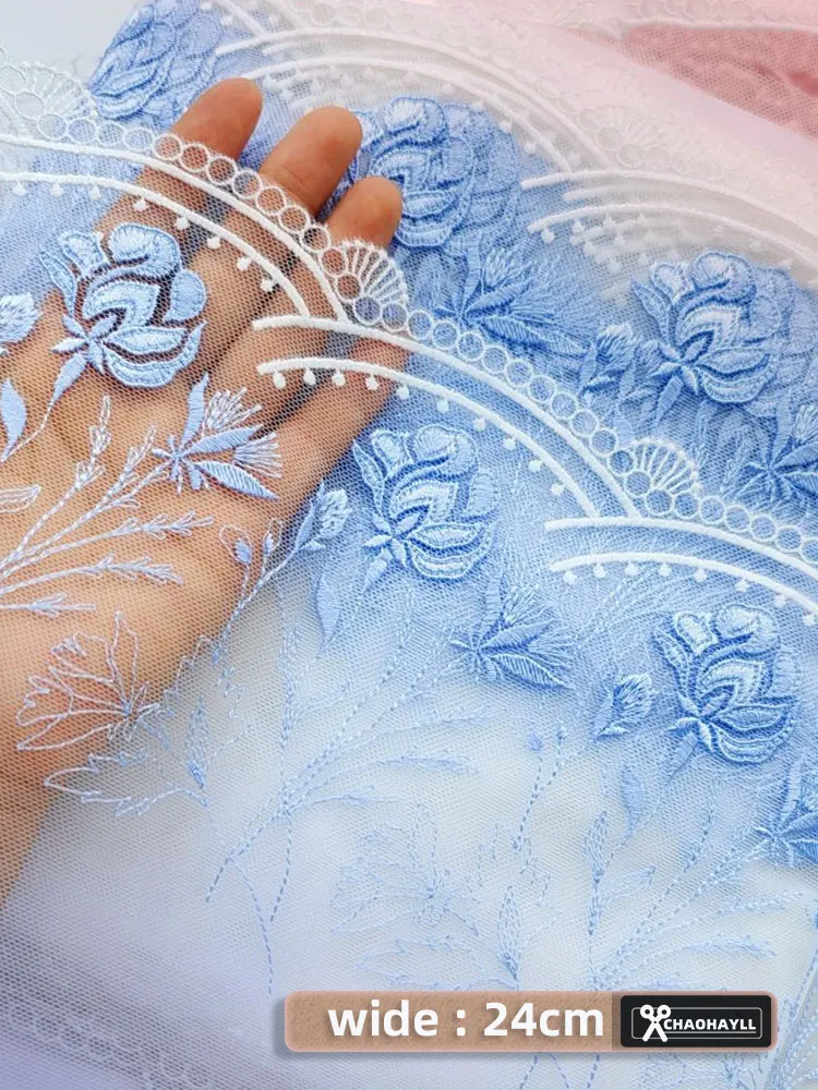 Blue Luxury Mesh Tulle Embroidered Lace Fabric for Fringe Trimmings Party Dresses Women Sewing Accessories Supplies Materials