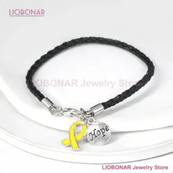 10PCS Lot Wholesale NEW Black PU Braid Leather Bracelets Endometriosis Awareness Jewelry Bracelet With Yellow Ribbon Hope Charm