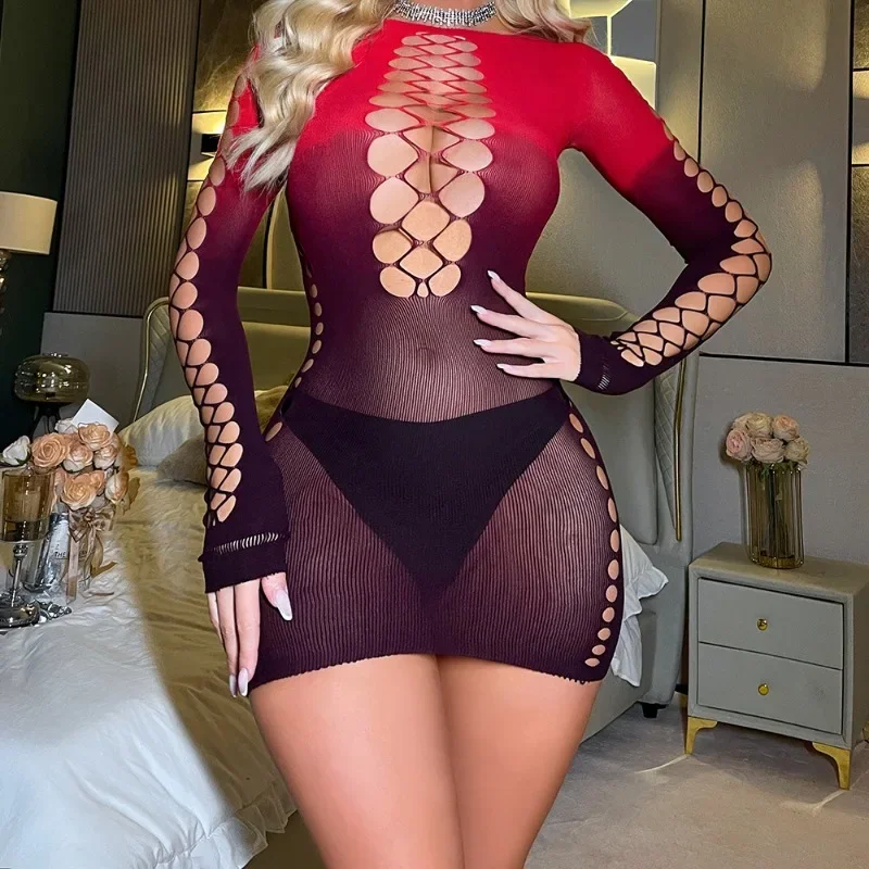 

Gradient Red Sexy Fishing Net Jumpsuit Pajamas Hip Hugging Skirt Long Sleeved Backless and Breast Exposed Mesh Jacket