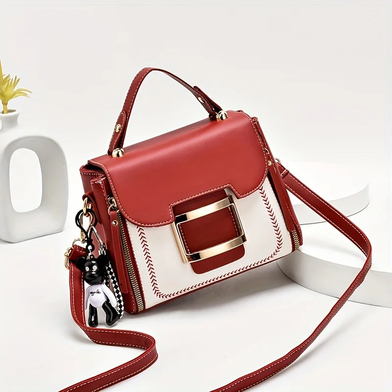 Elegant Simple Faux Leather Crossbody Bag with Front Buckle Removable Keychain Charm Shoulder Bag Multi Use Top Handle Purse