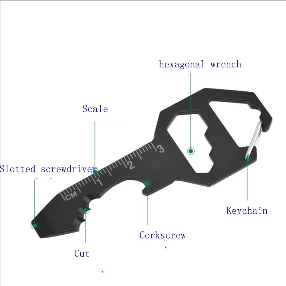 Multi-use Keychain Portable Stainless Steel Pocket EDC Multi Tool Bottle Opener Wrench Screwdriver Measuring Ruler for Outdoor