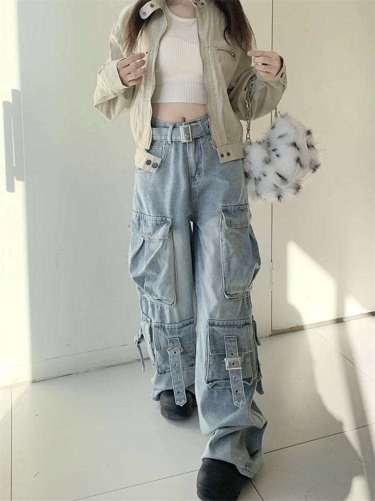 Women's Multi Pocket Design Blue Cargo Jeans Young Girl Street Denim Trousers Vintage Bottoms Female High Waisted Thin Pants