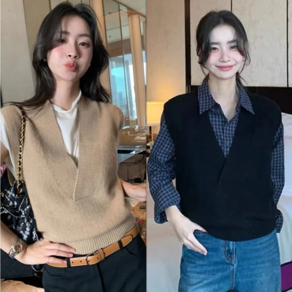 

Простой вязаный жилет в стиле ретро, женский темпераментный топ с v-образным вырезом, пуловер, джемпер