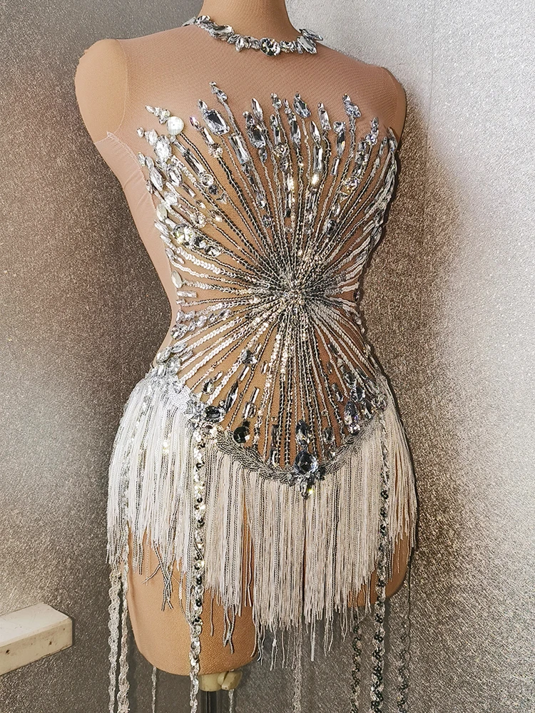 Stage Wear Club Bodysuit Sexy Sparkly Rhinestones Sequins Fringes Leotard Mesh Transparent Women Performance Dance Costume