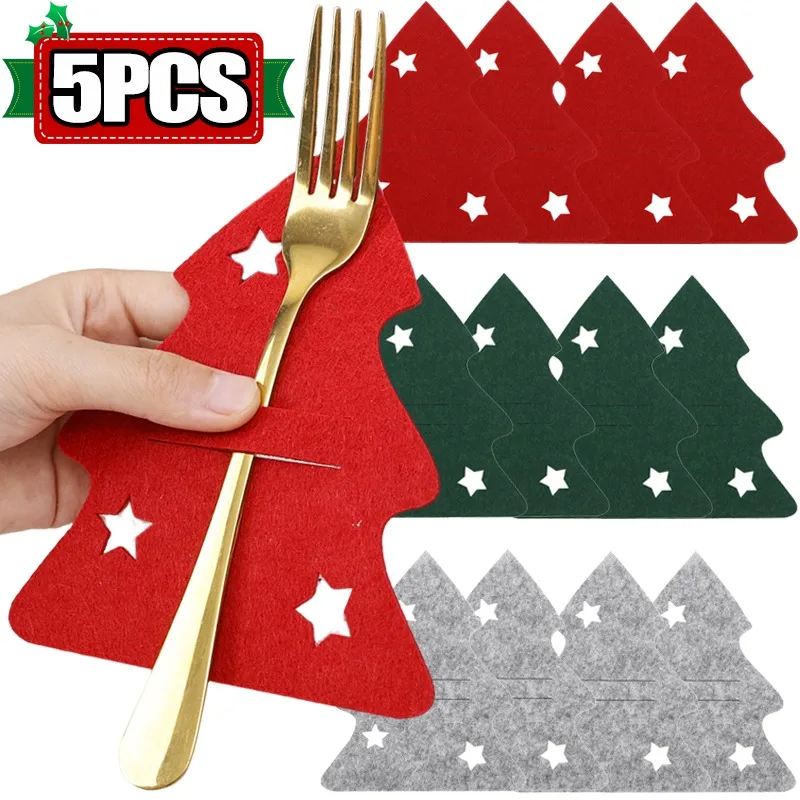 5/1PCS Christmas Tree Cutlery Knife Fork Covers Table Decor Xmas Tableware Pocket Holder Bags New Year Xmas Party Decorations