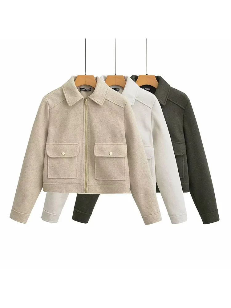 

2024 European and American style autumn and winter new women's fashion loose lapel pocket metal zipper jacket