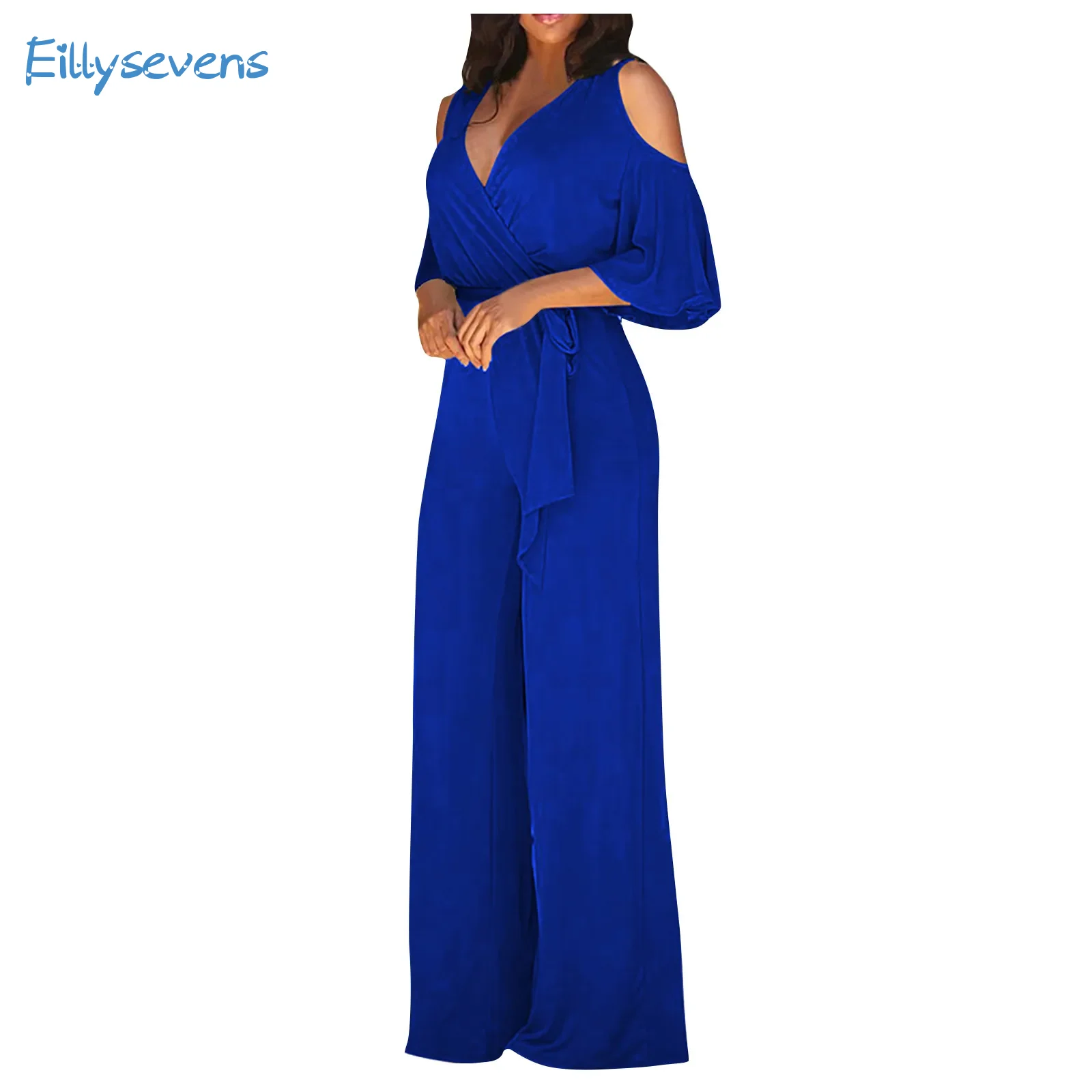 

Women'S V-Neck Jumpsuits Off Shoulder Short Sleeves Casual Loose Wide Leg Straight Long Jumpsuits Daily Commute Elegant Jumpsuit