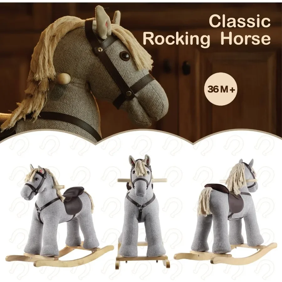 Koń na biegunach szary drewniany zabawka na biegunach zwierzęta na biegunach dla dzieci od 36 lat jeździk kucyk z realistycznym dźwiękiem certyfikat CPC