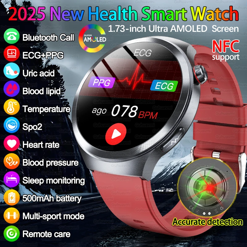 

2025 New Accurate Blood Lipid Uric Acid Smart Watch Men 1.73-inch AMOLED ECG+PPG Blood Pressure Bluetooth Call Health Smartwatch
