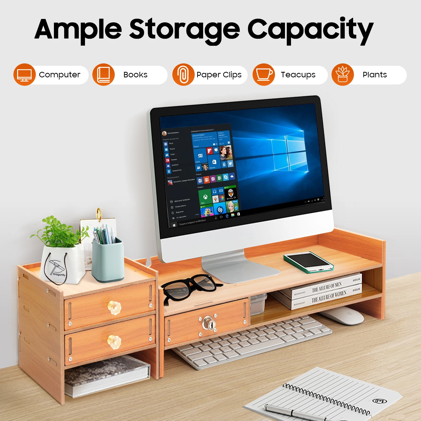 Support d'écran d'ordinateur, support d'ordinateur avec tiroirs, support de moniteur avec capacité de charge de 5 kg, organisateur de bureau peu encombrant