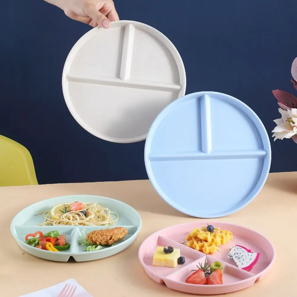 Wheat Straw Round Divided Plate Kitchen Dinnerware Anti-fall Reusable Compartment Plate 3 Grids Food Tray Breakfast