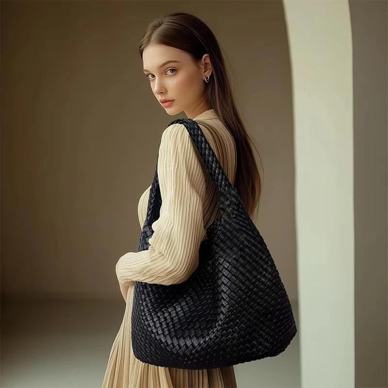 

Large Woven Tote Bag for Women Soft Leather Shoulder Handbag Work Shopper Summer Beach Travel Bag with Purse