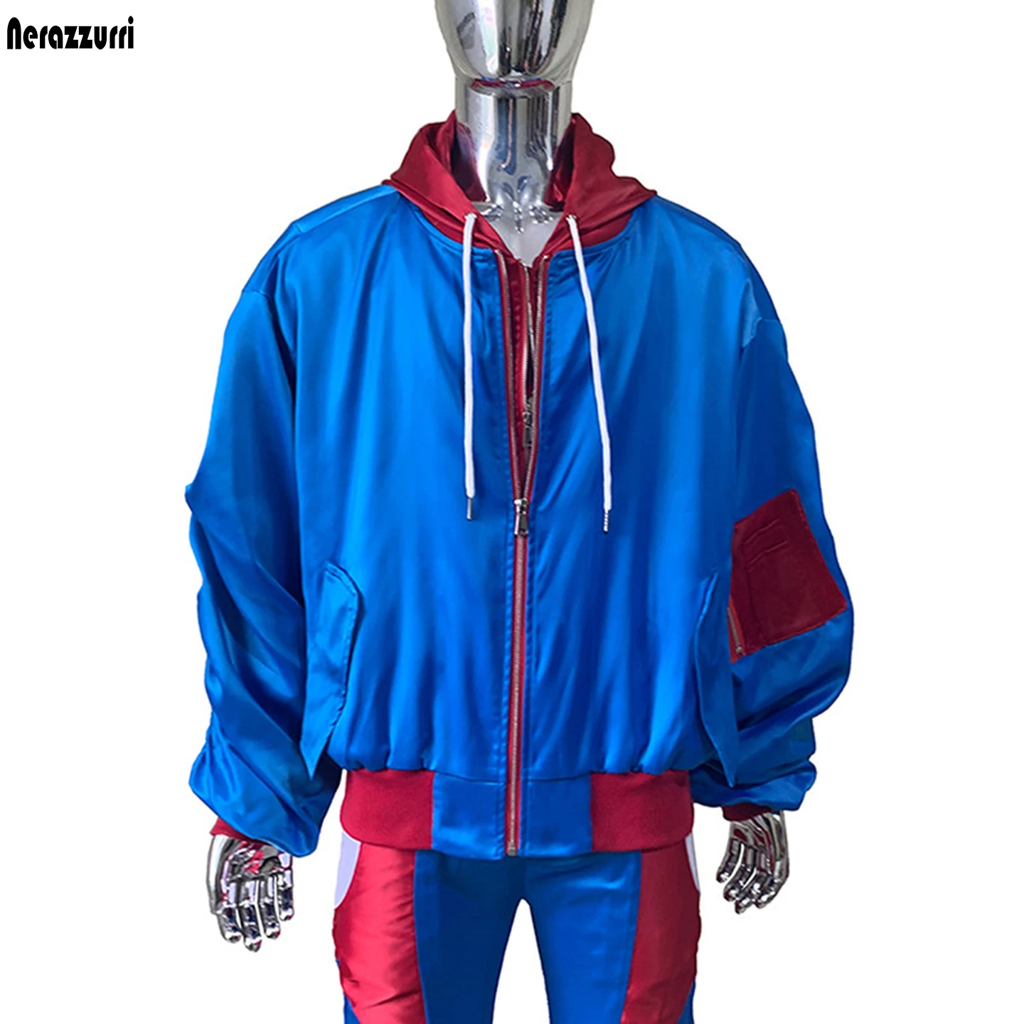 Nerazzurri Autumn Oversized Soft Color Block Patchwork Jacket Men with Hood Luxury Emo Streetwear Menswear Fake 2 Pieces Clothes