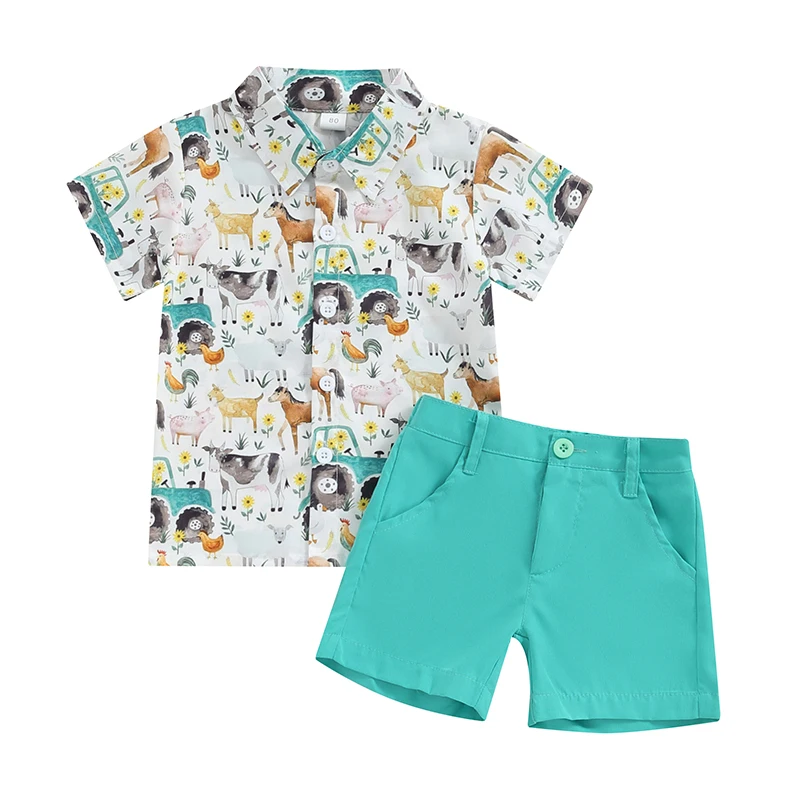 Toddler Baby Boy Summer Outfit Short Sleeve Farm Animal Print Shirt Top and Casual Shorts Set Cute Kids Clothes