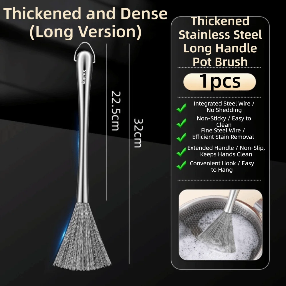 Stainless Steel Kitchen Cleaning Brush Anti-Rust Long Handle Pot Cleaning Tool One-piece Molded Steel Wire Cookware Brush