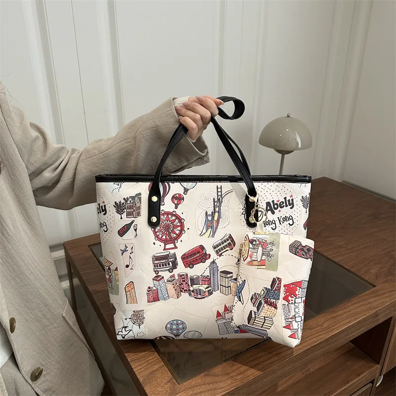 

Fashion Printed Graffiti Shoulder Bag Women Large Capacity Commuter Vintage High Quality Handle Bag Comfortable Composite Bag