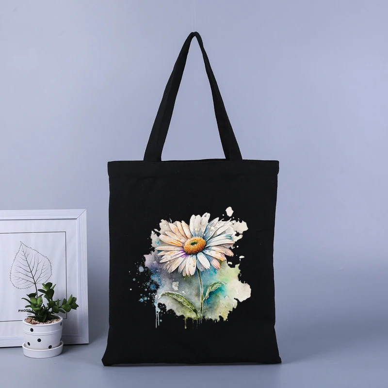 Daisies printed canvas shopping bag large capacity handbag tote bag student school bag