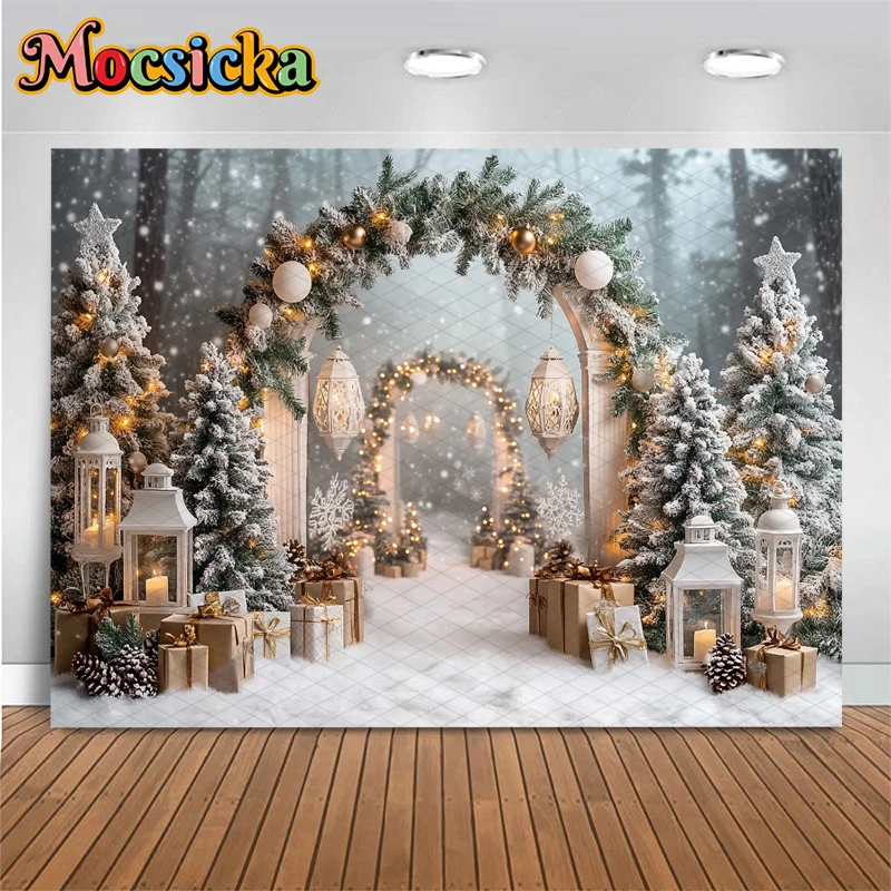 Mocsicka Christmas Snowy Forest Photo Backdrop Winter Pine Tree Gift Box Snow Scene Photography Background Cloth XmasParty Decor