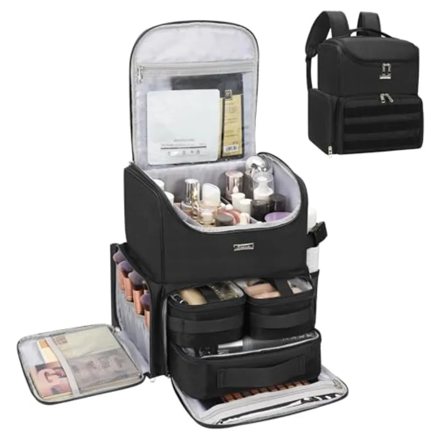 Relavel Makeup ackpack Lar Makeup ag wit 3 Clear t ags Dual Layer Profional Cosmetic Orgazer Travel Train Ca Makeup Artist Kit